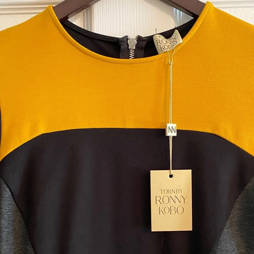 Torn by Ronny Kobo 
Ivy Colorblock Long Sleeve Mini Dress - Mustard, Black, Blue - Picture 2 of 5